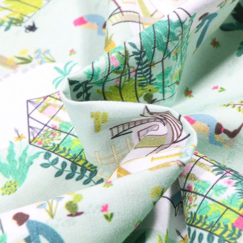 Tissu Coton MC Fabrics Jardinage et détente sur fond Vert menthe