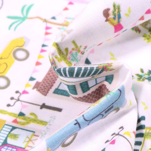 Tissu Coton MC Fabrics Marchés printanier sur fond Blanc