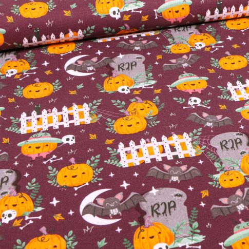 Tissu Coton imprimé Bio Citrouilles et chauves souris d'halloween sur fond Bordeaux