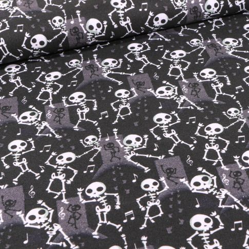 Tissu Coton imprimé Bio Squelettes d'halloween sur fond Noir