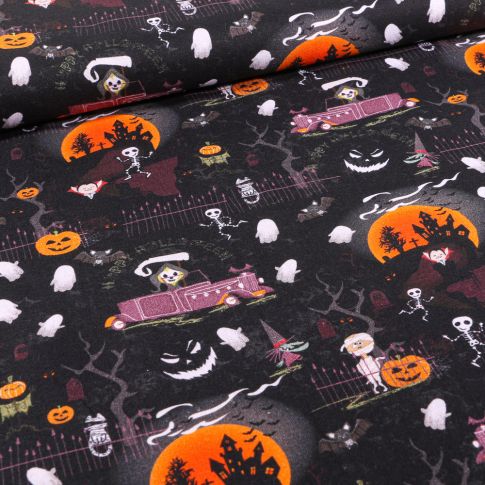Tissu Coton imprimé Bio Nuit d'halloween sur fond Noir