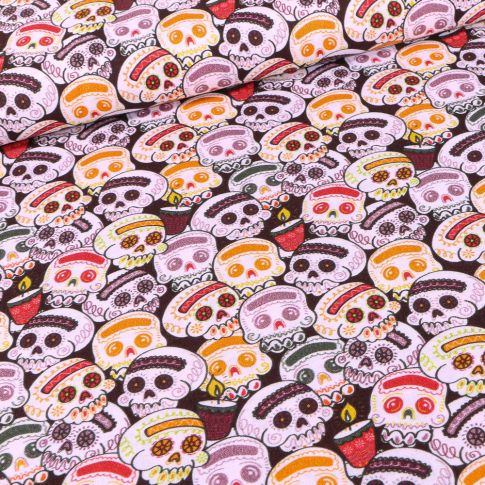 Tissu Coton imprimé Bio Têtes de morts halloween sur fond Noir