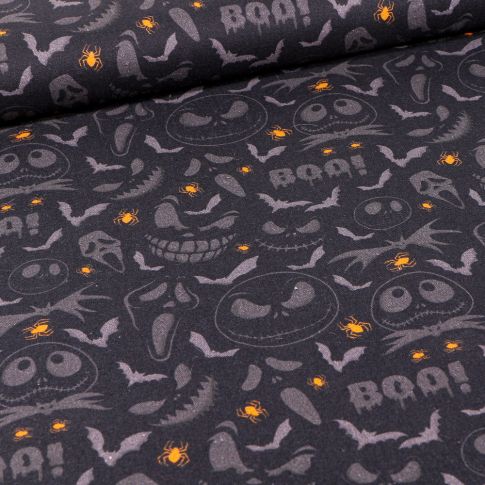 Tissu Coton imprimé Bio Fantômes halloween sur fond Noir