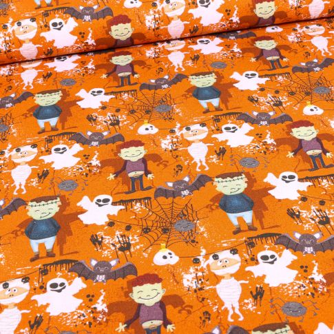 Tissu Coton imprimé Bio Monstres et fantômes halloween sur fond Orange