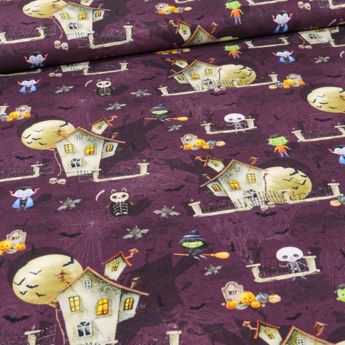 Tissu Coton imprimé Bio Nuit d'halloween sur fond Violine