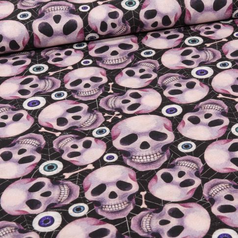 Tissu Coton imprimé Bio Skull eyes sur fond Noir