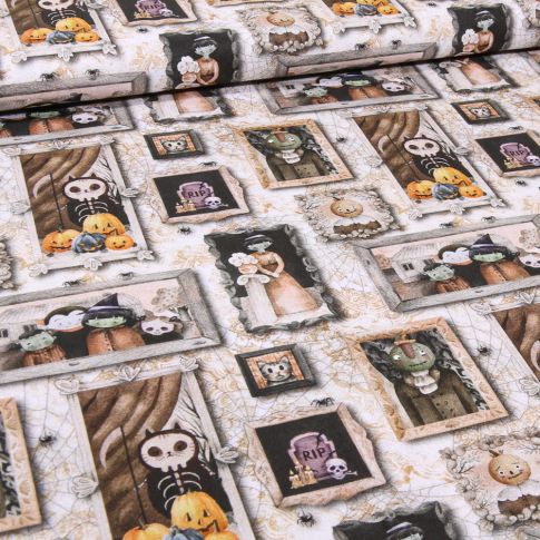 Tissu Coton imprimé Bio Family Halloween sur fond Ecru