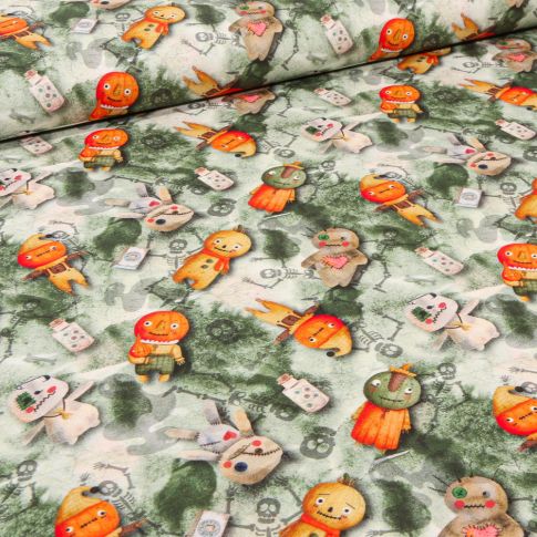 Tissu Coton imprimé Bio Citrouille Halloween sur fond Vert
