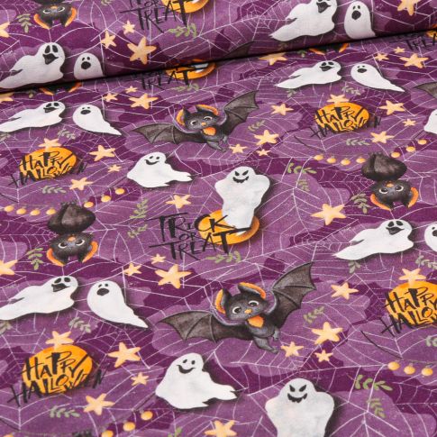 Tissu Coton imprimé Bio trick or treat sur fond Violine