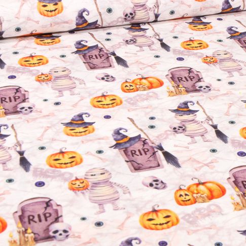 Tissu Coton imprimé Bio RIP sur fond Blanc cassé