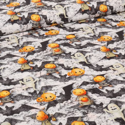 Tissu Coton imprimé Citrouille et fantôme sur fond Noir