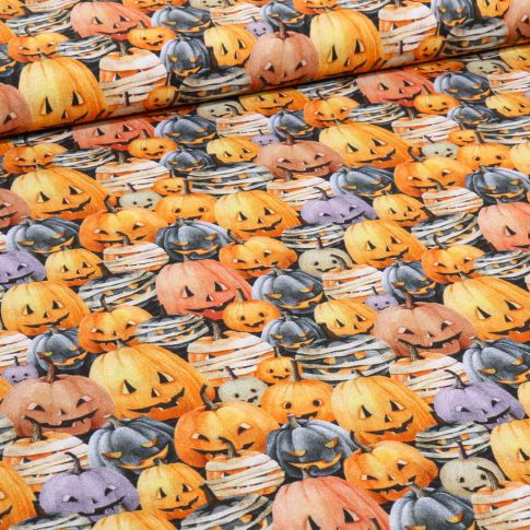 Tissu Coton imprimé Citrouille momie sur fond Noir