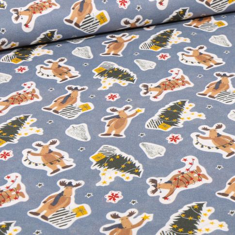 Tissu Coton imprimé Bio Préparation noël sur fond Bleu