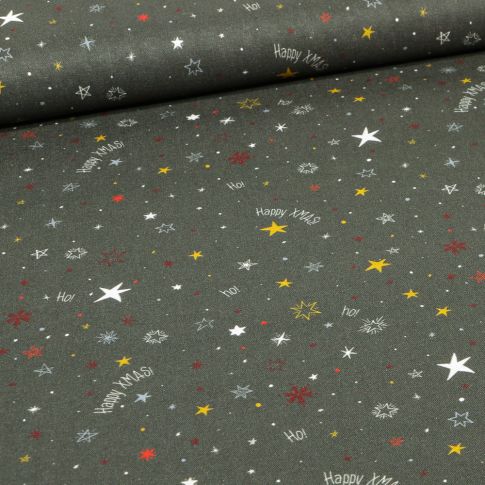 Tissu Coton imprimé Bio Happy Xmas sur fond Vert kaki