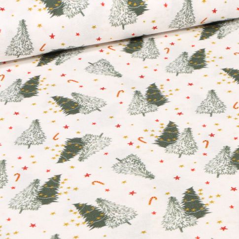 Tissu Coton imprimé Bio Epicéa Xmas sur fond Ecru