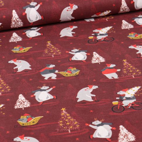 Tissu Coton imprimé Bio Happy Christmas sur fond Bordeaux