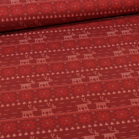 Tissu Coton imprimé Bio Cerfs Christmas sur fond Bordeaux