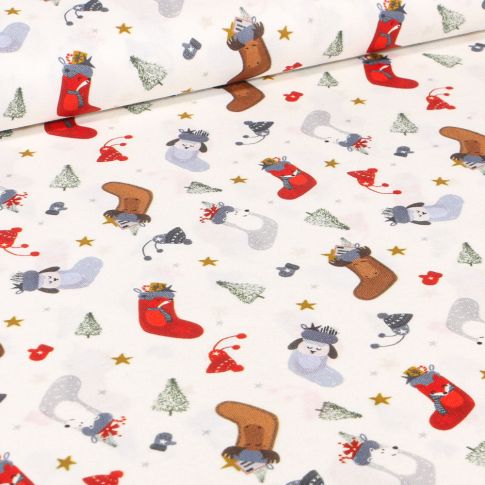 Tissu Coton imprimé Bio Chausettes de noël sur fond Ecru