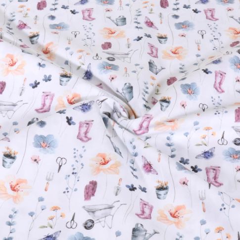 Tissu Popeline de Coton imprimé Jardinage sur fond Blanc