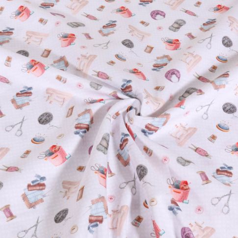 Tissu Popeline de Coton imprimé Couture sur fond Blanc