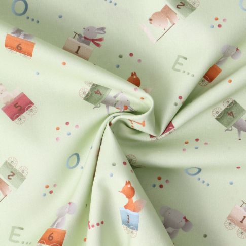 Tissu Popeline de Coton  Le Train Abécédaire sur fond Vert amande
