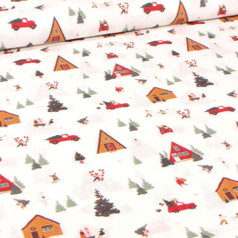 Tissu Coton imprimé Bio Christmas Village sur fond Blanc cassé
