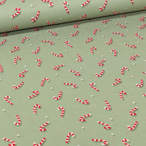 Tissu Coton imprimé Bio Sucre d'orges sur fond Vert amande