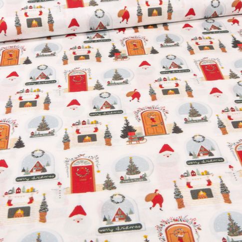 Tissu Coton imprimé Bio Christmas déco sur fond Blanc cassé