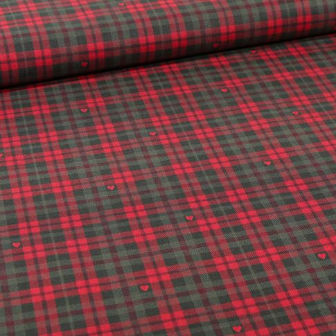 Tissu Coton imprimé Bio Carreaux et cœurs sur fond Vert sapin