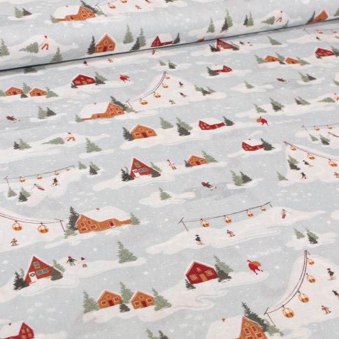 Tissu Coton imprimé Bio Jeux d'hiver sur fond Gris clair