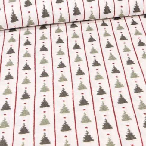 Tissu Coton imprimé Bio Choix du sapin sur fond Blanc cassé