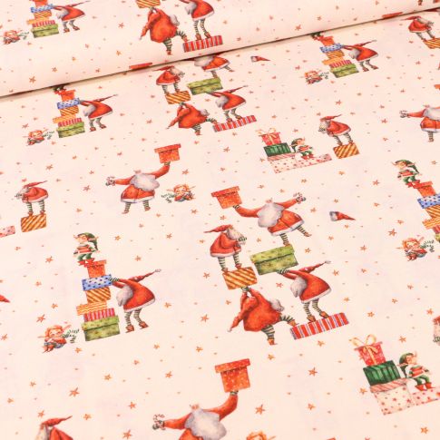 Tissu Coton imprimé Bio Père noël et lutins en préparation sur fond Ecru