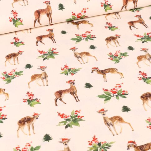 Tissu Coton imprimé Bio Chevreuil de noël sur fond Ecru