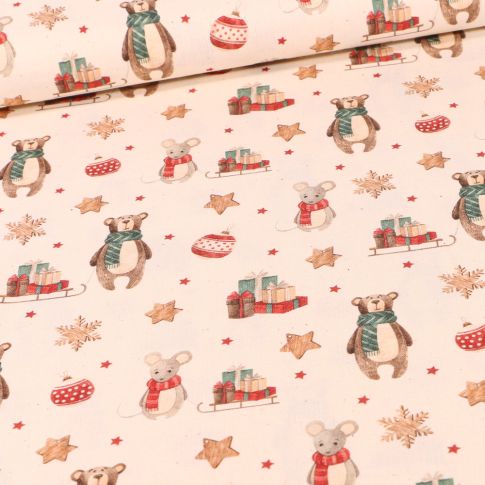 Tissu Coton imprimé Bio Joujoux de noël sur fond Ecru