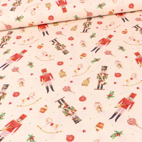 Tissu Coton imprimé Bio Motifs casse noisette noël sur fond Ecru