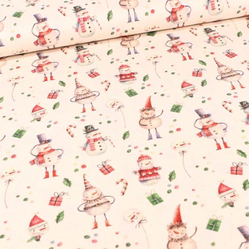 Tissu Coton imprimé Bio Bonhommes de neiges sur fond Ecru