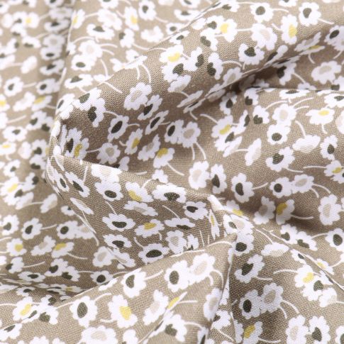 Tissu Coton MC Fabrics Petites fleurs noir et blanches sur fond Beige
