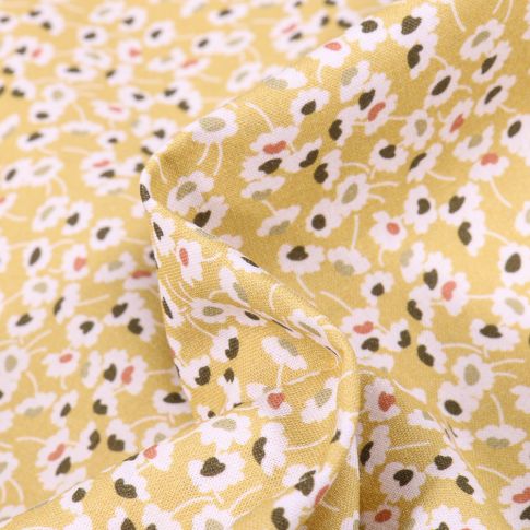 Tissu Coton MC Fabrics Pâquerettes grises et rose sur fond Jaune pastel