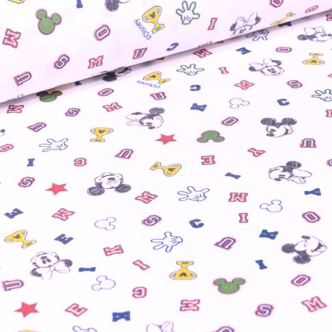 Tissu Coton imprimé sous licence Bio Logo Mickey sur fond Blanc