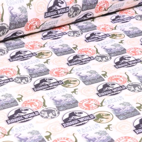 Tissu Coton imprimé sous licence Bio Jurassic World Logo sur fond Blanc cassé
