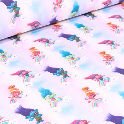 Tissu Coton imprimé sous licence Bio Trolls Rainbow sur fond Blanc