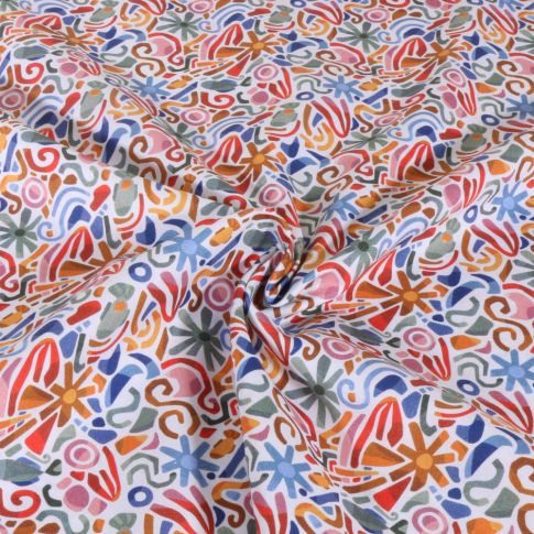 Tissu Popeline de Coton imprimé Formes florales et géométriques sur fond Blanc