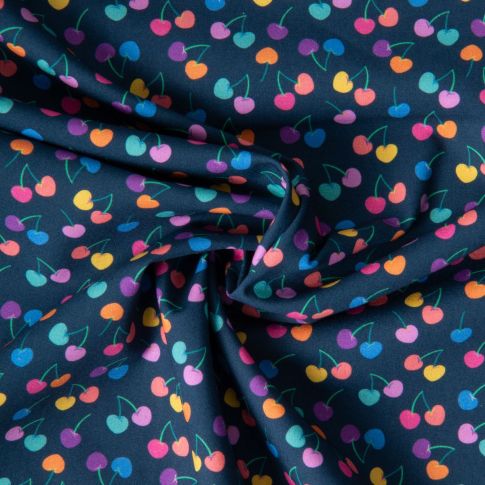 Tissu Coton imprimé Nina cherry sur fond Bleu marine