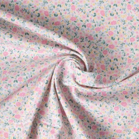 Tissu Coton imprimé Liberté floral rose bleu sur fond Blanc