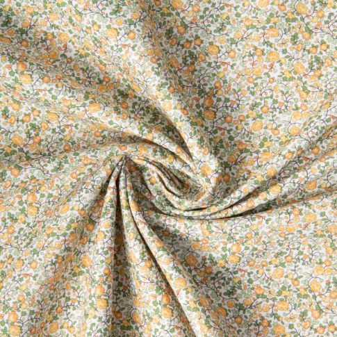 Tissu Coton imprimé Liberté floral vert jaune sur fond Blanc