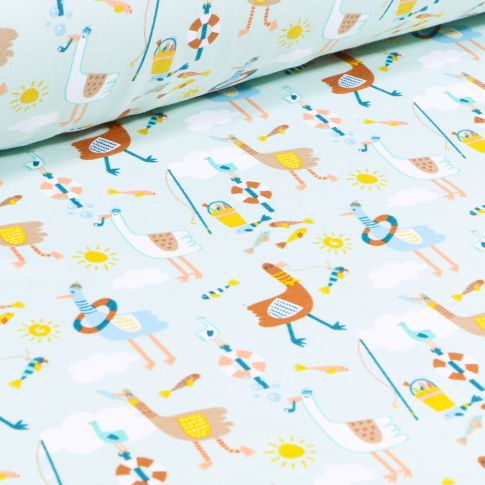 Tissu Jersey Coton Oiseaux pécheurs sur fond Vert menthe clair