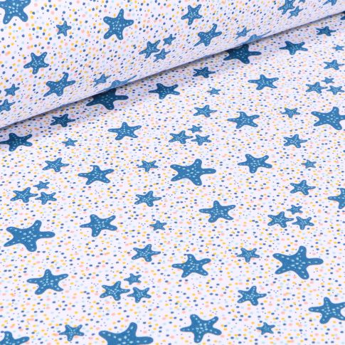 Tissu Jersey Coton Etoiles bleus et jaunes sur fond Blanc