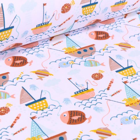 Tissu Jersey Coton Bateaux et poissons sur fond Blanc