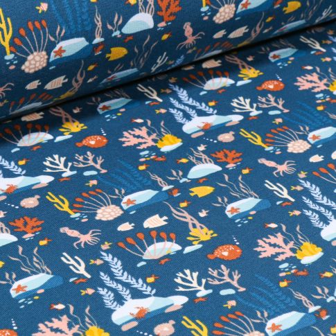 Tissu Jersey Coton Fonds marins sur fond Bleu marine