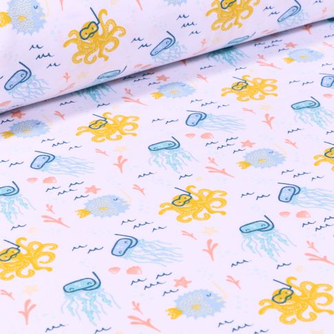 Tissu Jersey Coton Pieuvres plongeuses sur fond Blanc